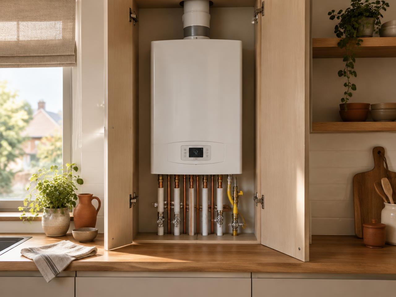 Illustratief beeld van een complete cv-ketel in een lichte houten inbouwkast in een woning