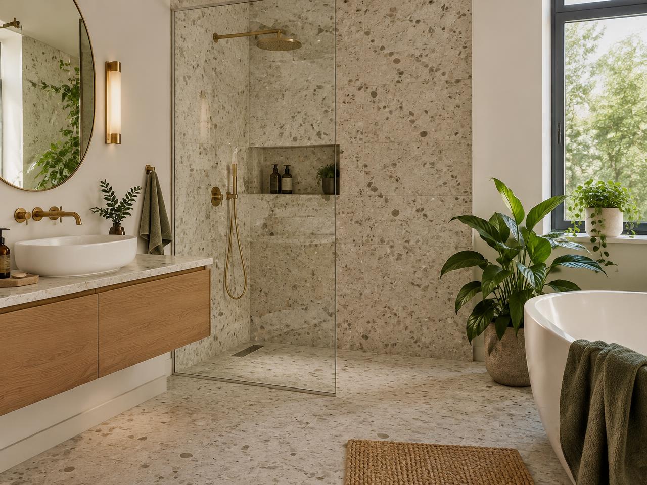 Illustratief beeld van een moderne badkamer met inloopdouche en messing kranen